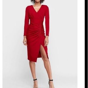 Express Women’s Red Long Sleeve V-neck Ruching Body Con Dress Size S